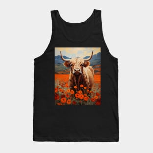 Retro Kitsch Highland Cattle Poppy Flowers Art Painting | Vintage-Inspired Wall Decor Tank Top